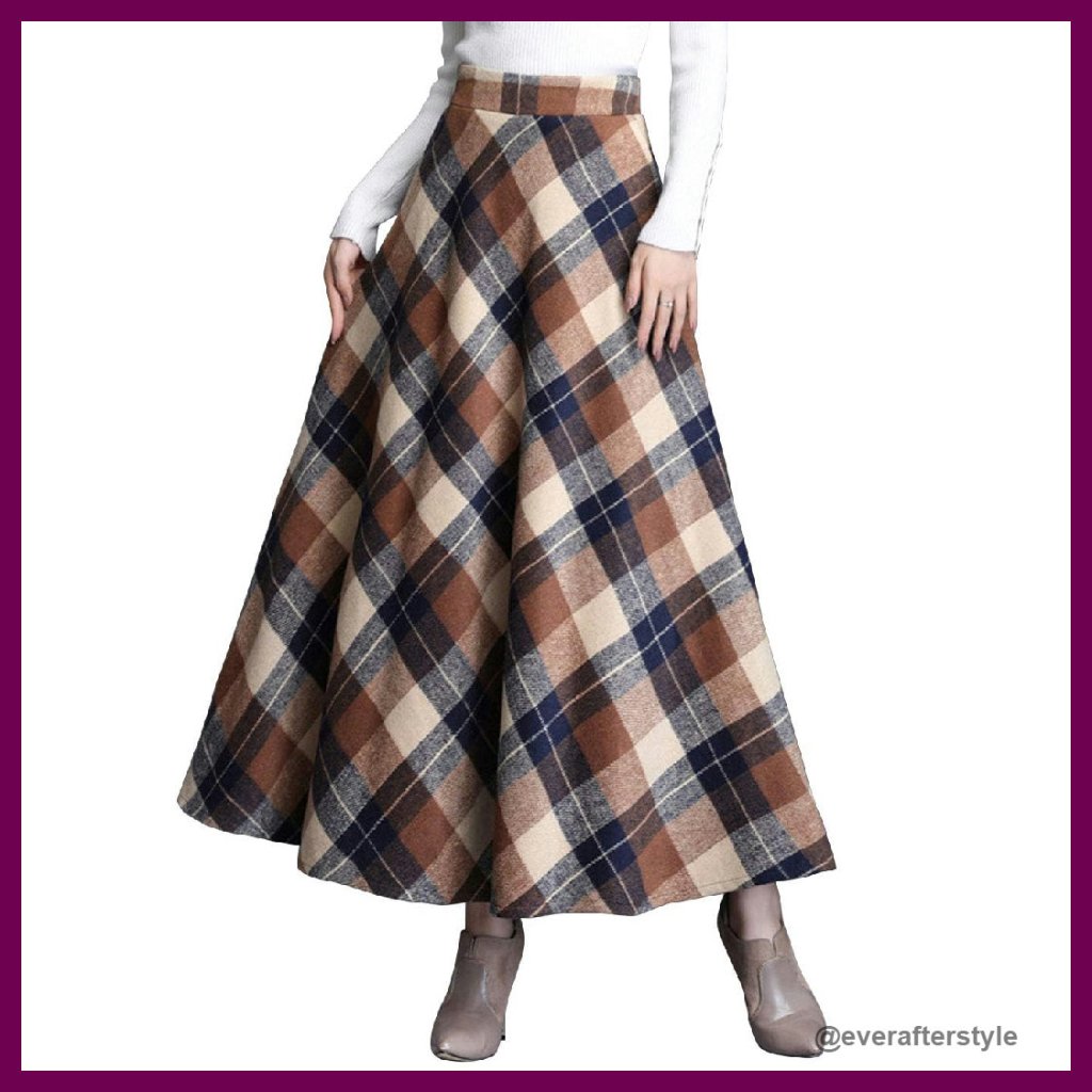 Wool Plaid Maxi Skirt High Waist A-Line Drape Pleated With Pockets